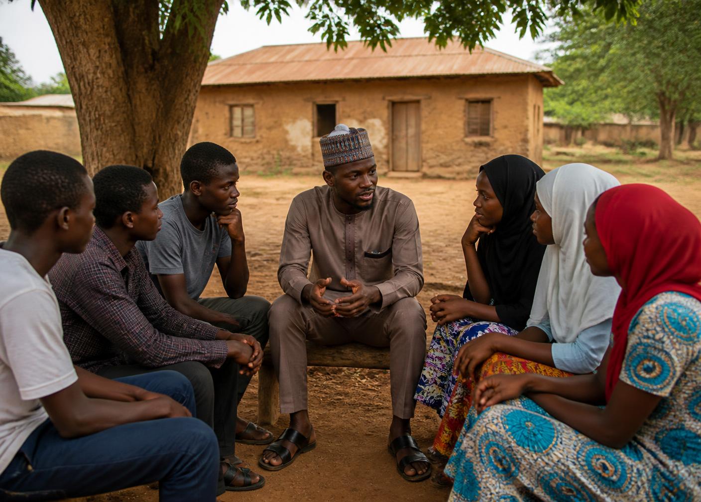 A mentor in conversation with teenagers under a tree in a rural community