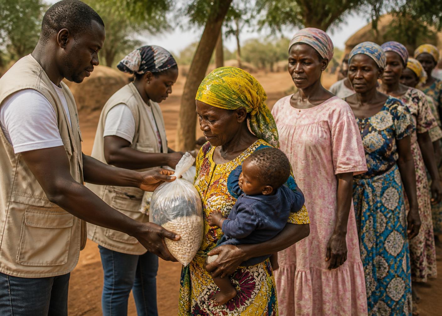 Volunteers distributing food supplies to families